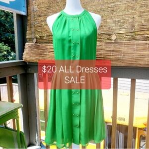 PARKER GREEN SILK HALTER SUMMER DRESS size Large front snaps READ